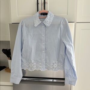 Zara Blue Striped cropped Eyelet Blouse size medium